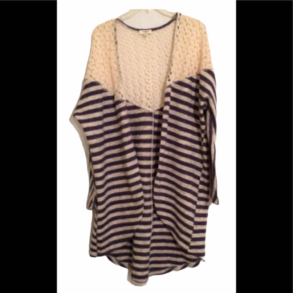 Women's Umgee Open Front Sweater Large Blue  Beige Lace at Top Cozy Casual Warm